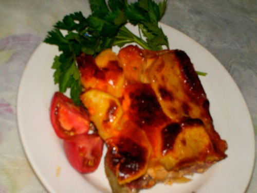 Картофель Дофине с помидорами и шампиньонами